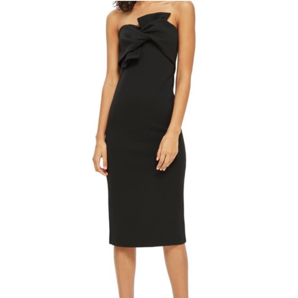 Topshop Bow Twist Textured Midi Dress in Black